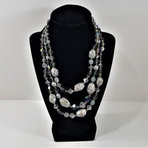 Necklace 3 Strand Facetted Glass & Metal Embossed Beads